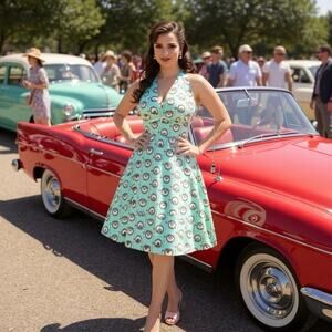 Pusheen X Unique Vintage Teal Pusheen Floral Frame Print Halter Swing Dress Sz M